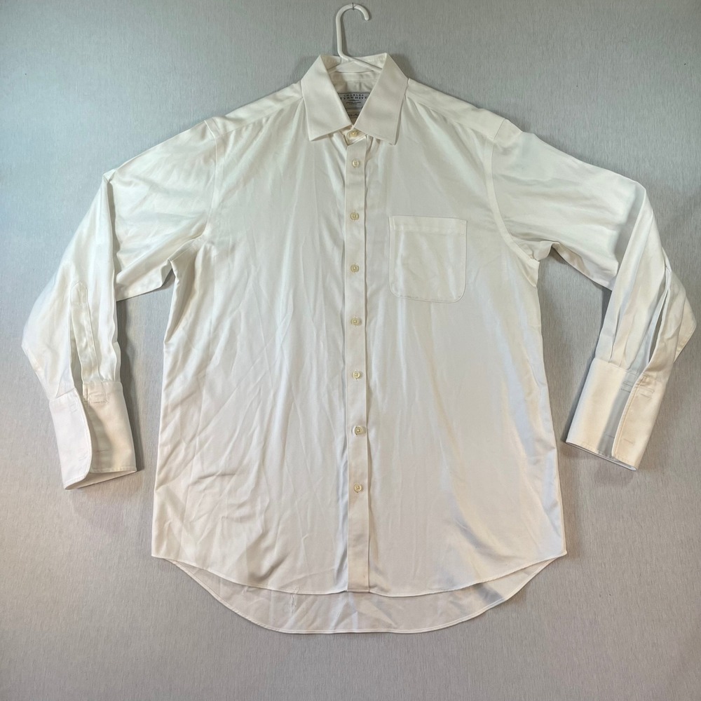 Charles Tyrwhitt Dress Shirt Men 16.5 34 French Cuff Herringbone Non-Iron White
